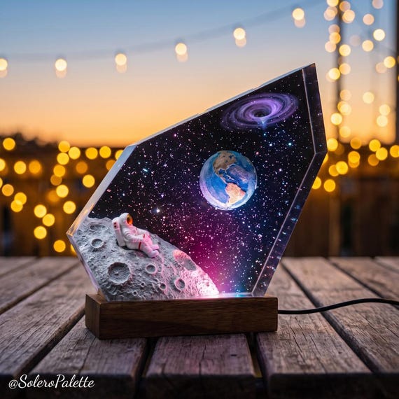 A hand-crafted resin lamp encasing a tiny astronaut floating in a moon-and-nebula scene — it glows like a little diorama of deep space on your shelf.