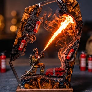 Puede incluir: Una lámpara decorativa de resina que muestra a un bombero arrodillado apuntando con una manguera que emite un haz de luz naranja brillante. La escena está dentro de un marco oscuro y texturizado con tres extintores rojos y un camión de bomberos.