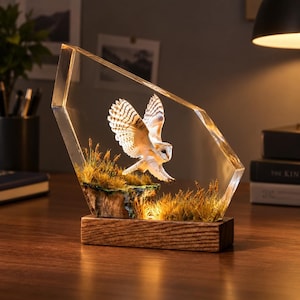 Può includere: Una scultura in resina trasparente e angolare che raffigura un barbagianni bianco con le ali spiegate in volo. Il gufo è posizionato sopra un piccolo sperone roccioso testurizzato coperto di erba gialla secca, su una base rettangolare in legno.