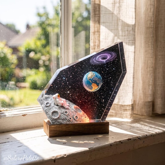 A hand-crafted resin lamp encasing a tiny astronaut floating in a moon-and-nebula scene — it glows like a little diorama of deep space on your shelf.