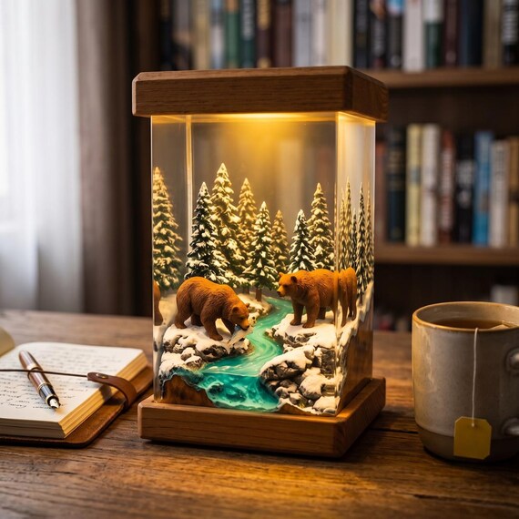 A hand-cast resin lamp with a sculpted brown bear mid-scene in a snowy forest river — it's basically a diorama that glows.