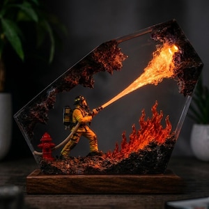 Firefighter Resin Lamp, Handmade LED Night Light, Firefighter Gift for Dad, Fireman Retirement Gift, Firefighter Desk Decor,Fathers Day Gift