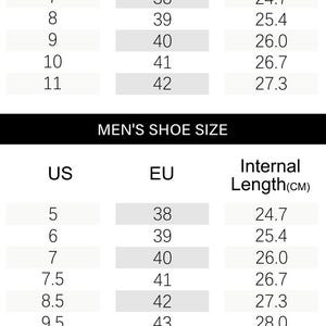 May include: A black and white shoe size conversion chart featuring two tables. The top table lists US sizes 5.5 to 11, EU sizes 36 to 42, and internal lengths from 23.4 cm to 27.3 cm. The bottom table lists US sizes 5 to 14, EU sizes 38 to 48, and lengths.