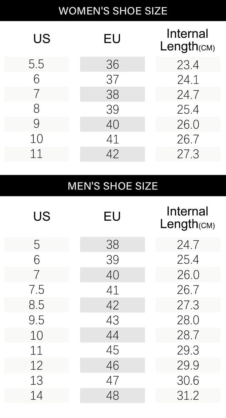 May include: A black and white shoe size conversion chart featuring two tables. The top table lists US sizes 5.5 to 11, EU sizes 36 to 42, and internal lengths from 23.4 cm to 27.3 cm. The bottom table lists US sizes 5 to 14, EU sizes 38 to 48, and lengths.