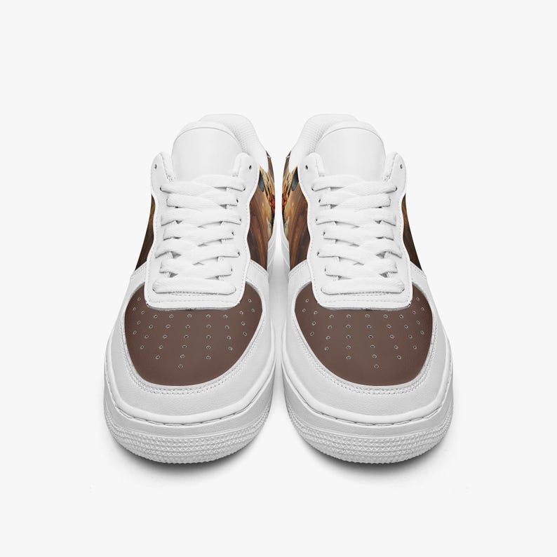 May include: A pair of low-top sneakers featuring a white base with white laces and a brown toe box. The side panels display a detailed graphic print of a dog with brown and tan fur. The shoes have a thick white rubber sole and a perforated toe area.