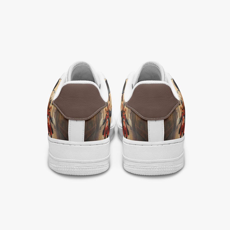 May include: A pair of low-top sneakers featuring a white sole and a brown heel tab. The sides of the shoes display a graphic illustration of a character wearing a red coat and dark clothing, set against a muted, textured background.