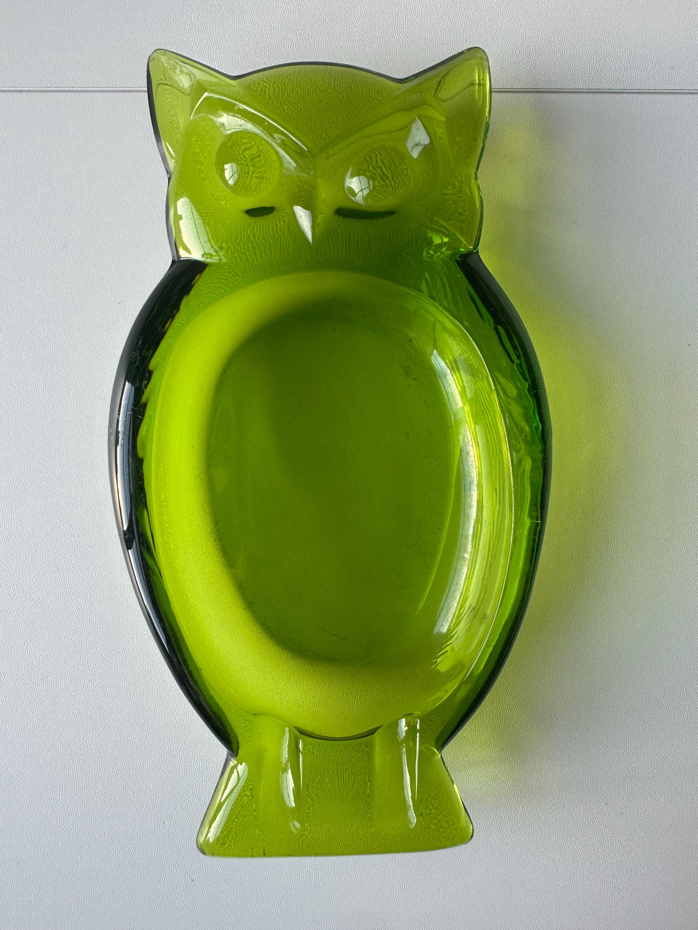 Vintage Viking Glass Green Owl Ashtray/Trinket Dish