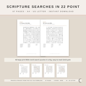 Könnte beinhalten: Eine digitale Sammlung von 87 Seiten mit Schriftstellen-Wortsuchrätseln in 22-Punkt-Schrift. Das Dokument enthält 42 großgedruckte Bibel-Wortsuchrätsel mit 12x12-Gittern, verfügbar in A4- und US-Letter-Formaten zum sofortigen Herunterladen.