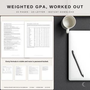 May include: A digital document titled Weighted GPA, Worked Out, featuring 23 pages in US Letter format. The layout displays instructional text, a detailed grade calculation table, and four smaller page previews. Text includes Every formula is visible and none is password-locked.