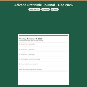 Diario della gratitudine per l'Avvento di Natale, stampabile, dicembre 2026, pagine giornaliere datate, cinque spunti di riflessione (PDF).