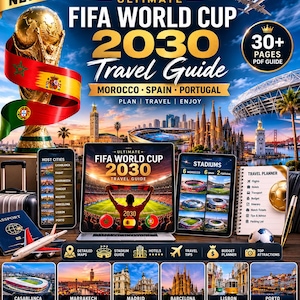 Peut inclure: Un guide de voyage numérique pour la Coupe du Monde de la FIFA 2030 au Maroc, en Espagne et au Portugal. L'image présente le trophée de la Coupe du Monde, un ordinateur portable, une tablette, un carnet de voyage, un passeport et un avion.