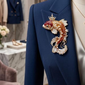 Peut inclure: Un blazer bleu marine orné d'une grande broche en forme de poisson koï sur le revers. La broche est décorée de cristaux rouges et orange, de perles blanches et d'une petite couronne dorée sur la tête, avec des détails en métal doré complexe.