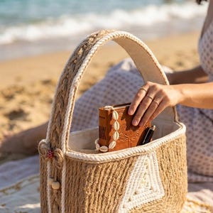 Peut inclure: Un sac à main structuré en jute beige avec une bordure en corde blanche et un motif triangulaire en corde blanche sur le devant. Le sac possède une anse arquée, des perles en bois décoratives sur le côté et un petit accent rouge.