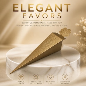 May include: A gold-colored, cone-shaped favor box with a textured surface and a scalloped tab closure. The text ELEGANT FAVORS, BEAUTIFUL. MEMORABLE. MADE FOR YOU. PERFECT FOR WEDDINGS, SHOWERS, PARTIES & MORE. is visible along with four circular icons.
