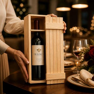 May include: A bottle of De Loach Vineyards Zinfandel wine housed in a light-colored wooden box with a sliding lid. The wine label features a gold fleur-de-lis emblem above the text De Loach Vineyards Zinfandel California, with a dark glass bottle.