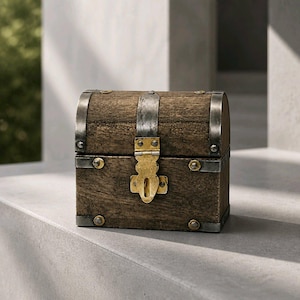 May include: A small, rectangular wooden chest with a domed lid. The box features dark brown wood grain, reinforced with silver-toned metal bands and rivets at the corners. A central gold-toned metal latch secures the front of the lidded container.