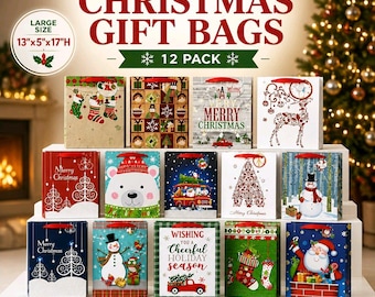 Grote kerstcadeautassen in diverse designs met handvat, 33 x 13 x 43 cm, verpakking van 12 stuks.