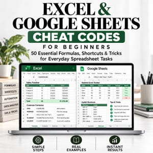 May include: A laptop screen displaying a split-view guide titled Excel & Google Sheets Cheat Codes for Beginners, featuring 50 essential formulas, shortcuts, and tricks. The display shows a sales tracker, student score tracker, and lists of functions.