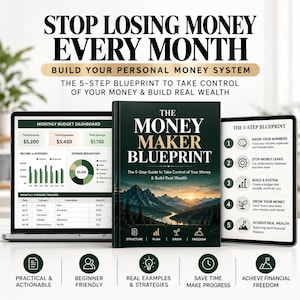 May include: A book titled The Money Maker Blueprint with a mountain landscape cover, flanked by a laptop displaying a monthly budget dashboard and a tablet showing a 5-step blueprint. Text reads Stop Losing Money Every Month and Build Real Wealth.