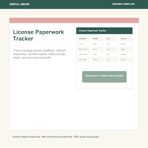May include: A digital License Paperwork Tracker template featuring a table with columns for document, owner, due date, and status. The layout includes the text Digital Grove, Editable Template, and a button labeled Dashboard + editable tabs included.