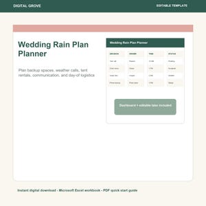 May include: A digital Wedding Rain Plan Planner template featuring a dark green header with the text Digital Grove and Editable Template. The document includes a table for tracking decisions, owners, times, and statuses, plus a dashboard button.