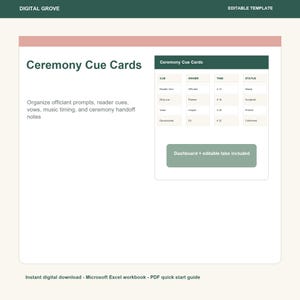 Wedding Ceremony Cue Card Spreadsheet, Officiant Script Cues, Reader Prompts and Processional Notes