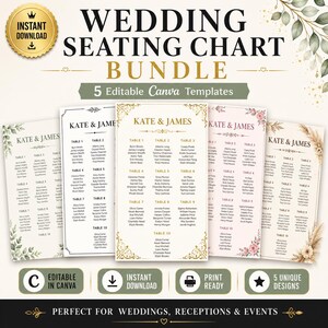 Peut inclure: Un ensemble de plans de table de mariage comprenant cinq modèles Canva modifiables avec divers motifs floraux et bordures dorées. Chaque modèle affiche les noms Kate & James, les numéros de table et les listes d'invités. L'ensemble inclut des étiquettes pour téléchargement instantané, prêt à imprimer et cinq designs uniques.