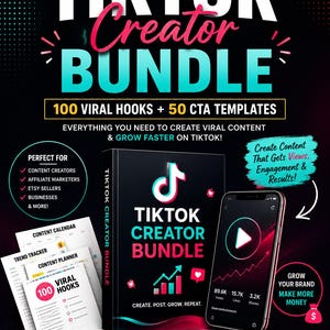 May include: A digital TikTok Creator Bundle featuring 100 viral hooks and 50 CTA templates. The graphic includes a black book cover with the TikTok logo, a smartphone displaying analytics, and various planning documents like a content calendar.
