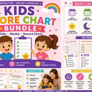 Peut inclure: Un ensemble de tableaux de corvées pour enfants à imprimer comprenant des tableaux quotidiens, hebdomadaires et de récompenses. L'image montre un garçon, une fille, un soleil et un arc-en-ciel. Texte inclus : "KIDS CHORE CHART BUNDLE" et "10 PAGES INCLUDED".