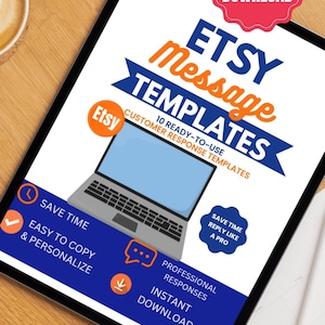 Peut inclure: Un document numérique intitulé Etsy Message Templates avec une illustration d'ordinateur portable et du texte incluant 10 Ready-To-Use Customer Response Templates, Save Time, Easy To Copy & Personalize, Professional Responses et Instant Download.
