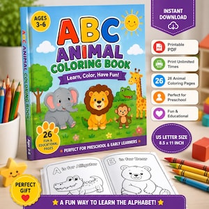 Puede incluir: Un libro de colorear de animales ABC para edades de 3 a 6 años con portada azul, un elefante, león, mono y jirafa. Incluye 26 páginas educativas, tamaño 21,59 x 27,94 cm, y un interior abierto que muestra las páginas A y B.