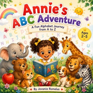 Peut inclure: Un livre pour enfants intitulé Annie's ABC Adventure: A Fun Alphabet Journey from A to Z par Jovania Romelus. La couverture montre une jeune fille lisant un livre entourée d'un éléphant, d'un ours, d'un chat, d'une girafe, d'un lion et d'un zèbre.