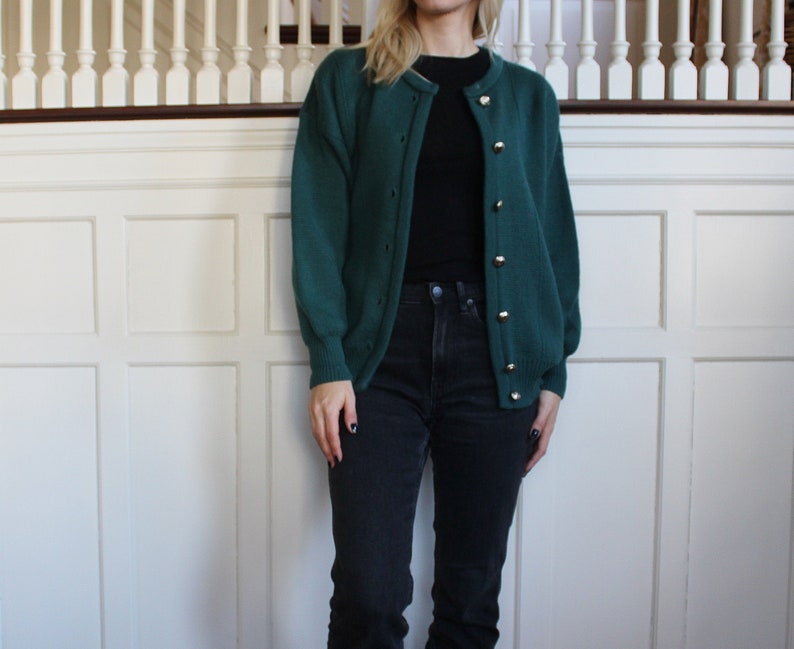 Vintage Teal Green Wool /& Cotton Blend Scottish Cardigan Sweater Women/'s Size S M