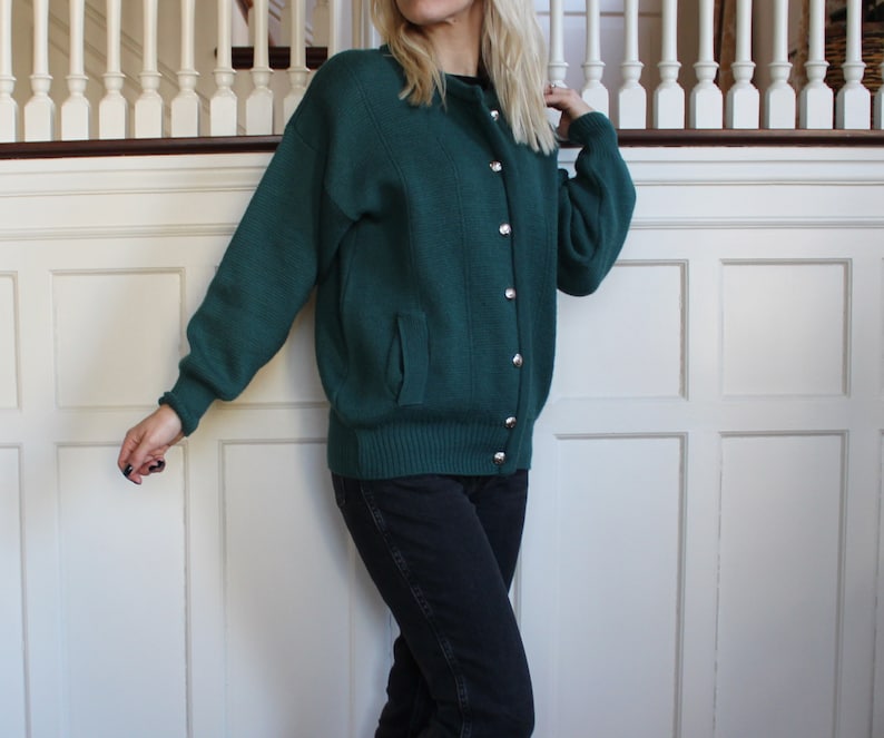Vintage Teal Green Wool /& Cotton Blend Scottish Cardigan Sweater Women/'s Size S M