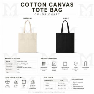 May include: A cotton canvas tote bag colour chart featuring natural and black bags. Includes product details, features, care instructions, and a size guide with measurements in inches and centimetres. Text includes Cotton Canvas Tote Bag.
