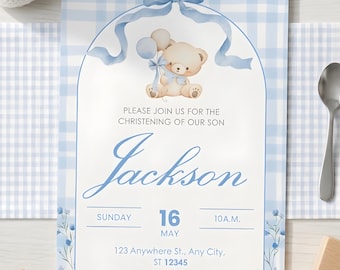 Baby Boy Christening Invitation with Teddy Bear / Personalized Christening Invitation / Digital PDF File / Elegant Invitation with Bear