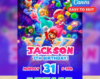 Invito di compleanno a tema Mario Galaxy / Modello Canva modificabile / File digitale Invito per bambini / Download immediato Super Mario Galaxy