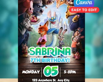 Zootopia Birthday Invitation / Editable Canva Template / Digital File Kids Party Invite / Instant PDF Download Zootopia