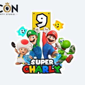 May include: A decorative cake topper featuring Mario, Luigi, Toad, and Yoshi characters. A yellow block displays the number 9. The text "SUPER CHARLY" appears in bold, colorful letters at the bottom. Two small star figures float above the characters.