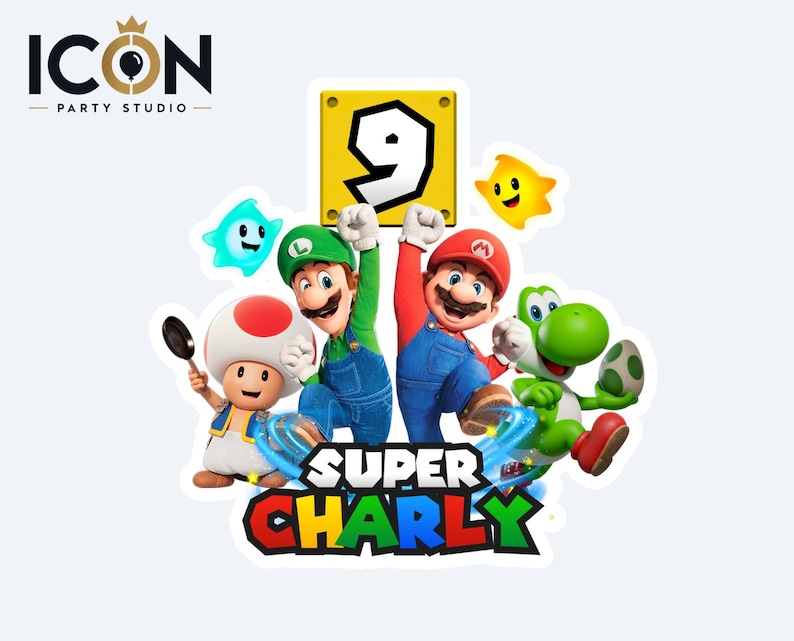 May include: A decorative cake topper featuring Mario, Luigi, Toad, and Yoshi characters. A yellow block displays the number 9. The text "SUPER CHARLY" appears in bold, colorful letters at the bottom. Two small star figures float above the characters.