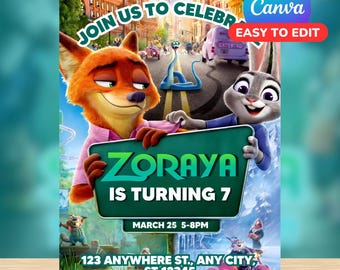 Zootopia Birthday Invitation / Editable Canva Template / Digital File Kids Party Invite / Instant PDF Download Zootopia