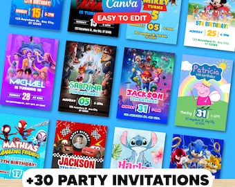 Pack of 30 Children's Birthday Invitations / Editable Canva Template / Digital File / Instant PDF Download