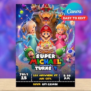 Puede incluir: Una invitación de cumpleaños digital con Mario, la Princesa Peach, Rosalina, Bowser, Yoshi y Toad con gorros de fiesta. El texto dice Super Michael Turns 7, July 15, 123 Anywhere St., 5:00 PM y RSVP 897-123456. Un pastel de cumpleaños está centrado.