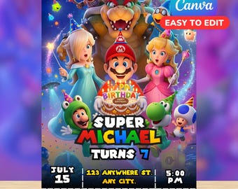 Invito di compleanno a tema Mario Galaxy / Modello Canva modificabile / File digitale Invito per bambini / Download immediato Super Mario Galaxy