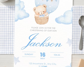 Baby Boy Christening Invitation with Teddy Bear / Personalized Christening Invitation / Digital PDF File / Elegant Invitation with Bear