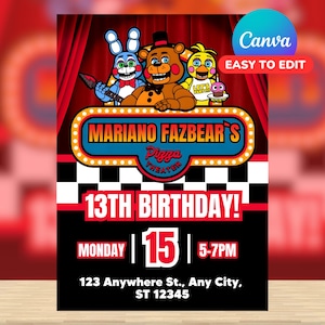 Puede incluir: Una plantilla de invitación de cumpleaños rectangular con un fondo de cortina roja, un borde a cuadros y personajes de dibujos animados que incluyen un oso marrón, un conejo azul y un pollo amarillo. El texto dice Mariano Fazbear's Pizza Theater 13th Birthday.