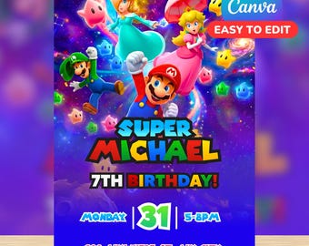 Mario Galaxy Birthday Invitation / Editable Canva Template / Digital File Kids Invite / Instant Download Super Mario Galaxy