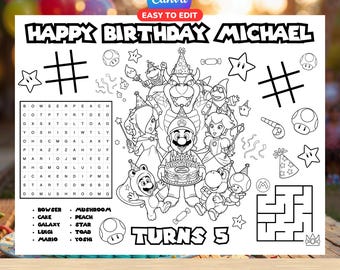 Editable Mario Galaxy Birthday Activity Placemat Canva Template | Printable Kids Party Game Sheet | Personalized Name and Age PDF Download