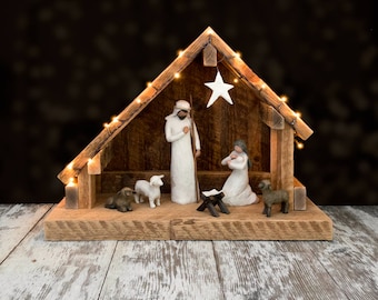 Nativity Creche Stable with Slant Roof Reclaimed Barn Wood - WITH PLATFORM