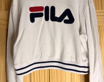 FILA White Cropped Hoodie | Chenille Logo Sweatshirt | Women's Large